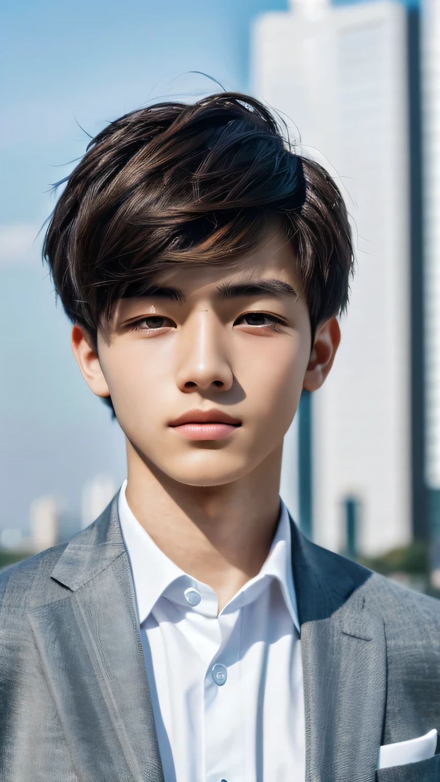 Highest quality, masterpiece, Ultra-high resolution, (Realistic: 1.4), Original photo, wallpaper, Head Photo, skin, Simple Background, Iris, detailed, Selfie, 1 boy, 18-year-old, good looking, Wind,suit