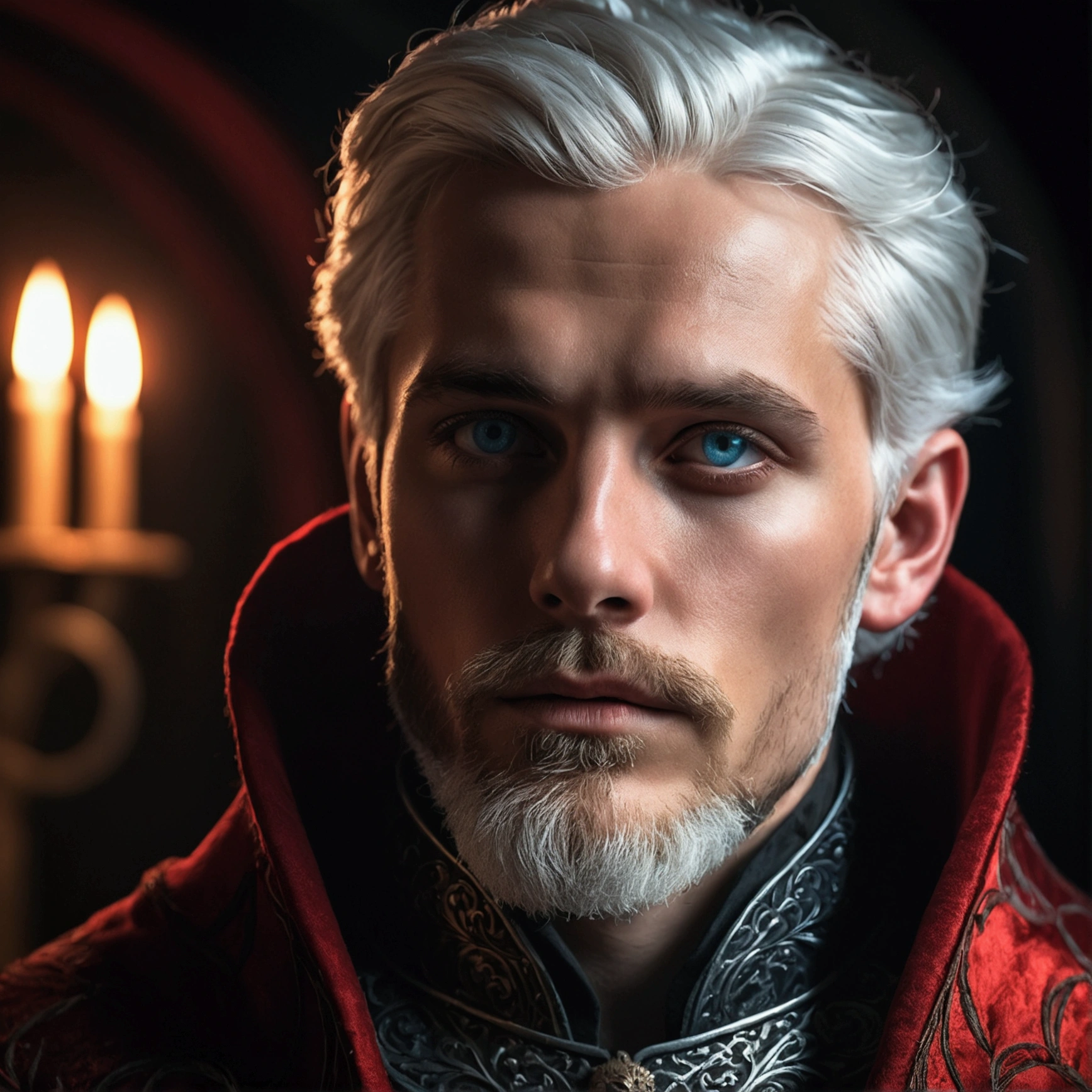 (a 30-year-old man with short silver white hair and blue eyes, well-groomed e short silver white beard, wearing luxurious medieval red and black clothes,dramatic lighting,highly detailed,photorealistic,8k,cinematic,dramatic atmosphere,dark fantasy,dramatic pose,chiaroscuro lighting,moody lighting,dramatic shadows,stunning details)