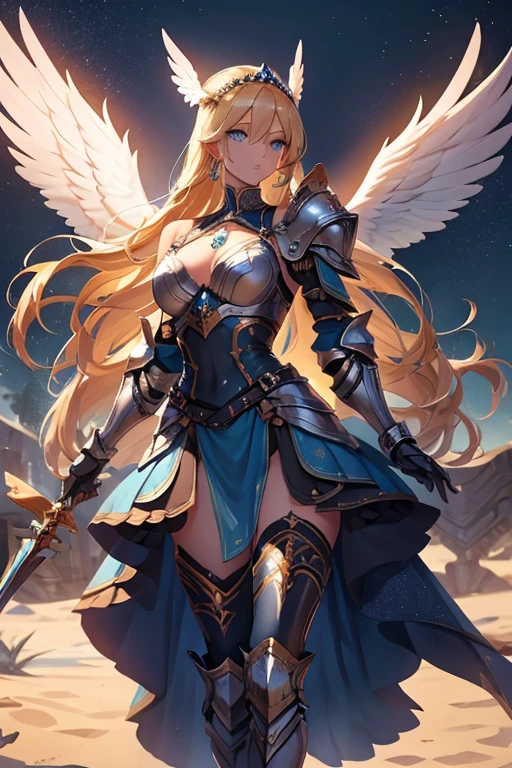 woman, long hair, blonde hair, blue eyes, wears armor, underneath the armor she wears pants that go down to the armor on her legs, she has two valkyrie wings on her back, and on her legs go up armor up to her waist, on her arms she only wears bracelets, a tiara with two angel wings, a white dress with blue outlines, the setting is a starry sky