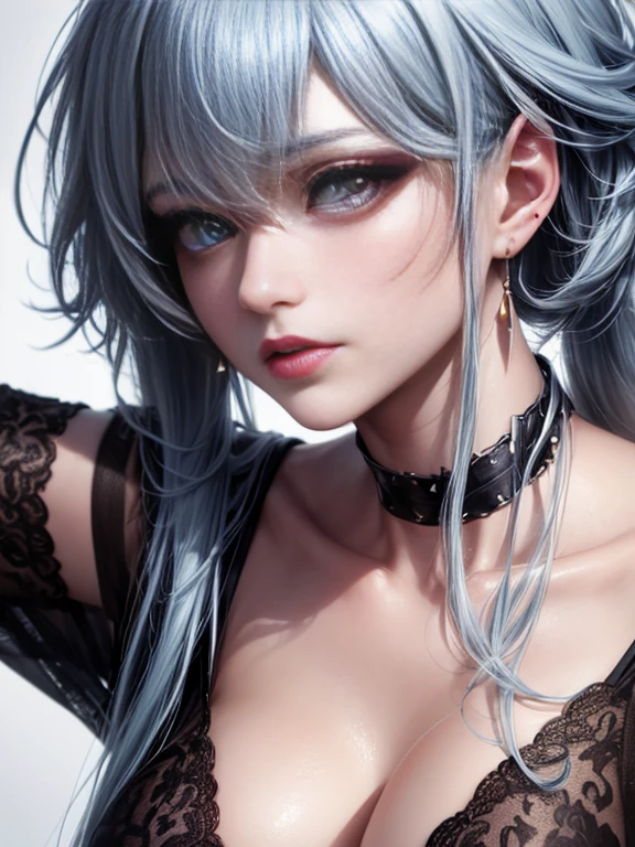 Depth of bounds written, detailed eye, ((CG illustration)), ((face focus)), ((masterpiece)), ((8K)), ((super detailed)), ((Super high quality)), ((cinematic)), ((Photoreal)), ((close up shot)), (solo), (cool girl), very long hair, straight hair, (((thin body))), Glossy skin, ((look away)), (Beautiful goth girl with high cheeks and legs), Gothic makeup, clear eyes, lipstick, dark eye shadow, ((No bra)), choker, earrings, provoke, night, ((full moon)), ((Functional)), Lonely, Visual kei, ((pastel colour)), Unwound clothes, forget, kiss, White Knight, dark, silence