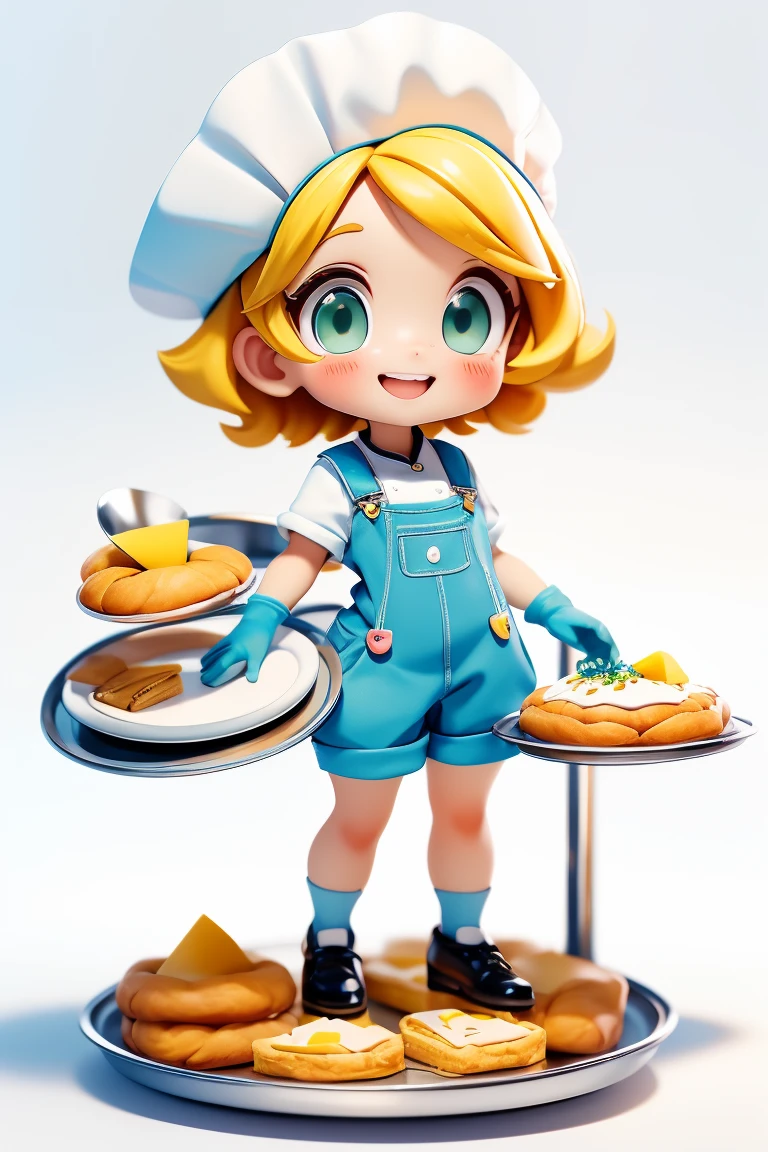 Adorable and cute , with Thermal Kitchen Gloves on both hands, holding round baking tray filled with cheese bread. happy with a wide smile of happiness, proud. Full, flushed cheeks. Pure white image background. ultra quality. Dressed in pastry chef outfit with white chef hat with light blue stripe. great smile. Full-body image, Normal legs, little black shoes. short blonde hair, greeneyes, light blue chef overalls.