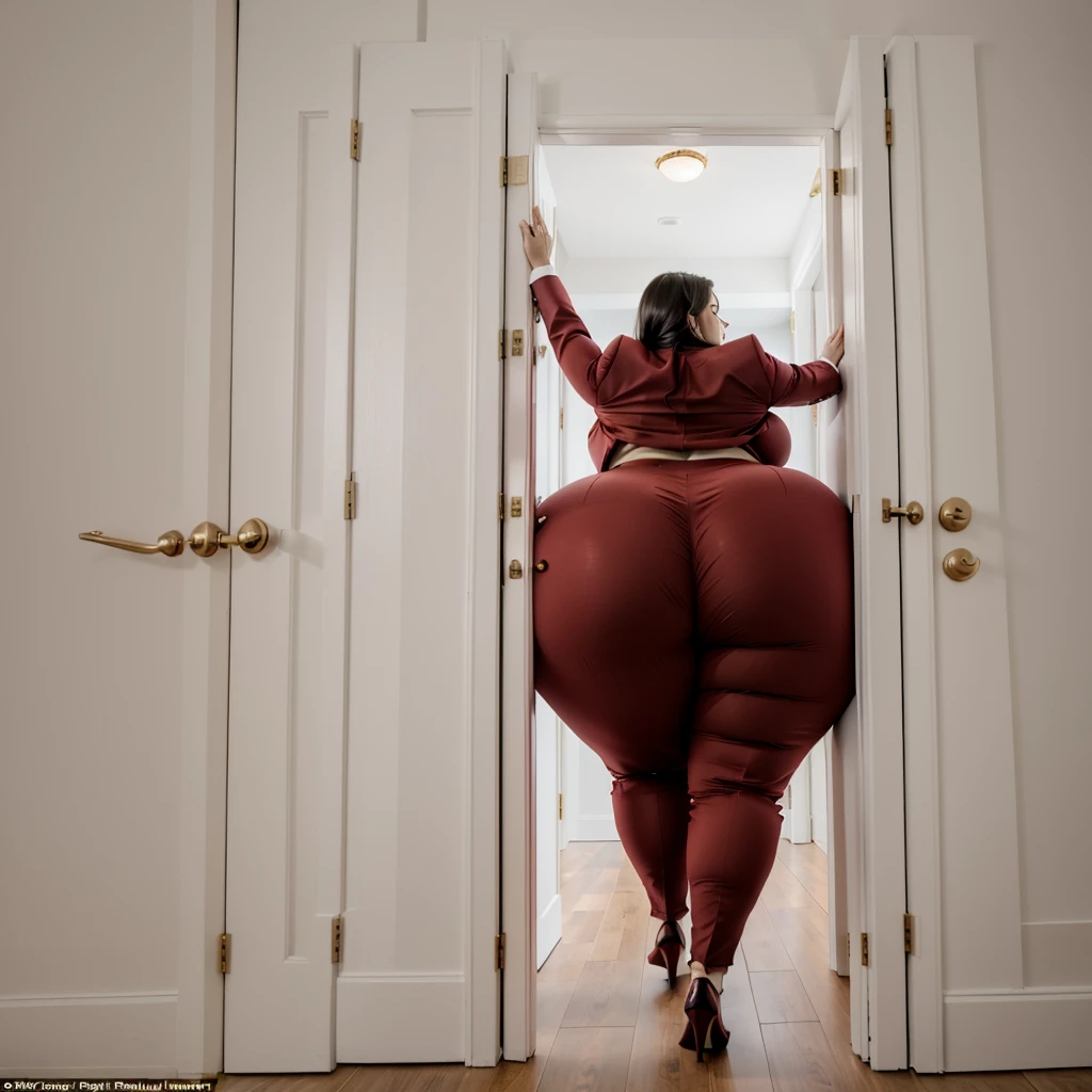 masterpiece, 1girl tall, fat, bottom heavy ssbbw british, 30 year old, behind a doorway, from behind, (doorstuck, stuckback:1.3), big belly, huge wide hips, massive , thick thighs, colorful clothing, wearing a red suit and tie and formal pants, upset, she tries to wiggle her big body through the door, but the door is too small and she is stuck tight, she kicks and swings her legs back and forth in a panic, she is way too big and round to fit through,, she looks behind at the viewer politely asking for some help as she tries to pull herself out with all her might, she swings her hips desperately