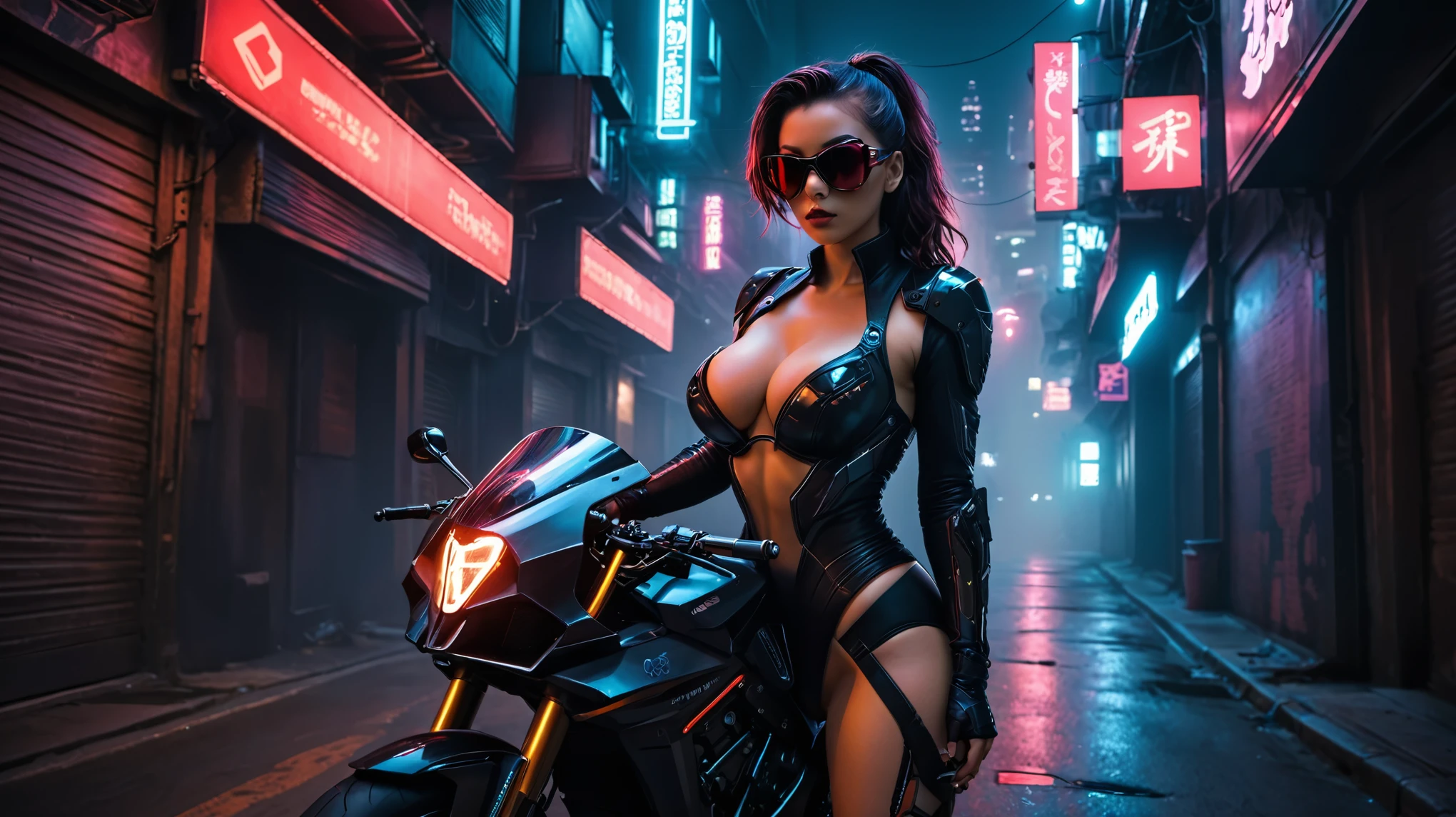 ((fisheye lens)), (1girl, solo, alone), a cyborg female warrior wearing a futuristic leotard, speeding a close-up superbike, in a GhostlyStyle cyberpunk city alley at dark night, darksynth aesthetic, red neons, atmospheric fog, large-breast:1.2 slim body, cleavage:1.1, (black sunglasses), (((((she raised a short-gun:1.8 and shot the viewer))))), dynamic pose, ((half-body thigh level medium shot)), cinematic lighting, lens flare, ray tracing.