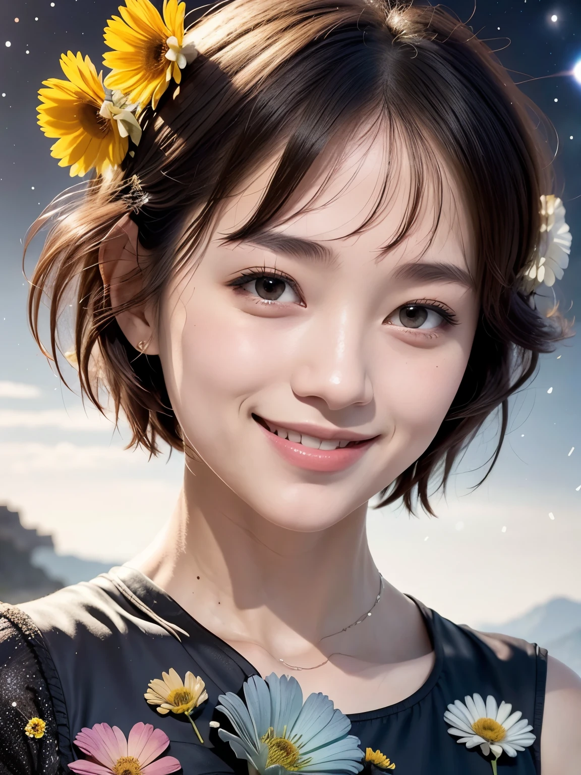 258 19-year-old female, (short hair),(Abstract background,universe), smile, flower