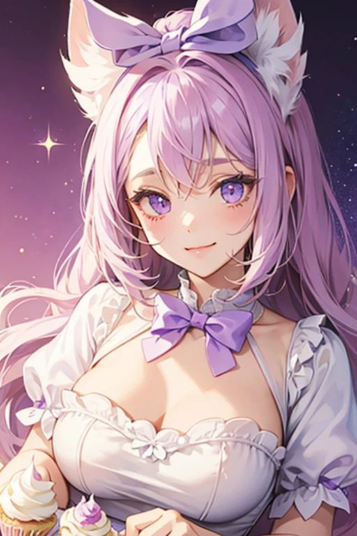 A light purple cupcake GIRL dog with vanilla cream on top of her head and a violet bow. She makes a winking expression. SPARKLE; GLITTER