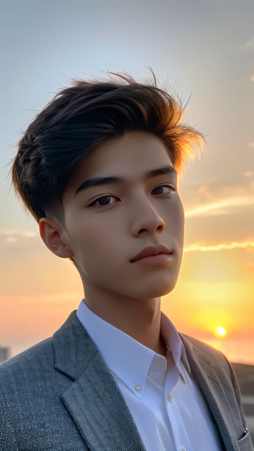 Highest quality, masterpiece, Ultra-high resolution, (Realistic: 1.4), Original photo, wallpaper, Head Photo, skin, Simple Background, Iris, detailed, Selfie, 1 boy, 18-year-old, good looking, Wind,Sunset、suit