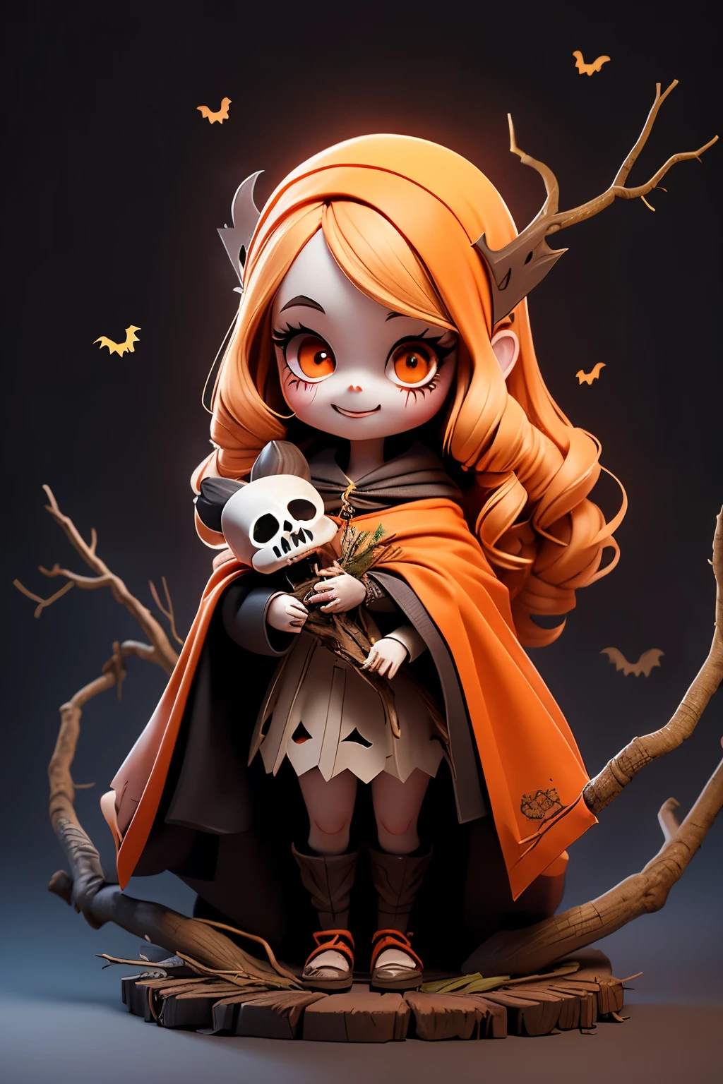 Photorealistic、Cute horror fantasy、Chibi Girl Doll(Devil Cosplay、Wicked Smile、Sagging under the eyes、Long eyebrows、Long nails、Orange eyes、Wear a long, big cloak) BREAK ,background(Musical notes around the doll, (dead tree:1.3), in the forest,shadow the cardboard\(Bat,Skeleton,Crow\)\)