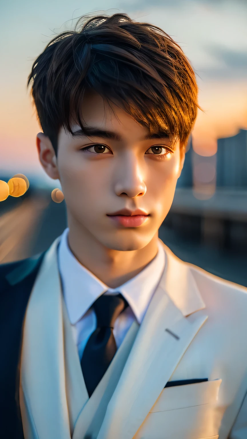 Highest quality, masterpiece, Ultra-high resolution, (Realistic: 1.4), Original photo, wallpaper, Head Photo, skin, Simple Background, Iris, detailed, Selfie, 1 boy, 18-year-old, good looking, Wind,Sunset、suit
