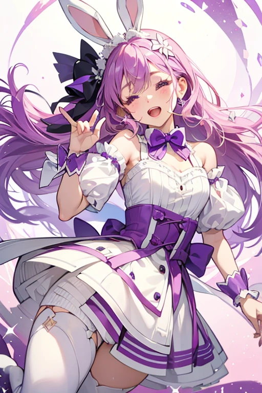 A purple GIRL bunny ice cream with shut eyes and a wide opened mouth. She has swirls of white on her and wears a grape-colored bow. SPARKLE; GLITTER
