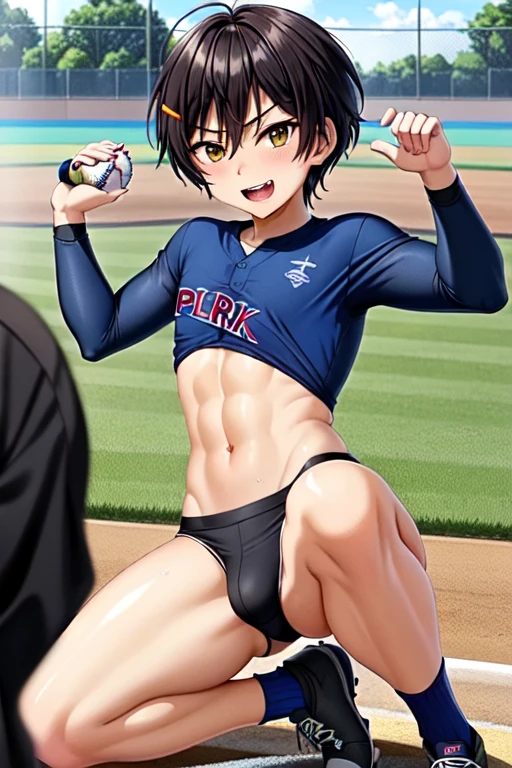 ((Official Art,Ultra-thin illustration,High resolution, Flying debris, 最high quality,最high quality,)))high quality,(Highly detailed body,詳細なな手feet:1.2) , Become familiar with, (),12 years obaseball male idol boy with a super cute face,A boy as beautiful as Planding, Long legs, Thighs, feet, No breast swelling, (Black Hair、short hair)、 (厚いThighs)、(((park baseball field)))、((Saucy、))、Grinning、feetを広げて,Ultra-fine painting, ,Service shot、Groin bulge、,nsfw、Baseball practice wear、Shiny ((Blue tight training long sleeve shirt ,Long sleeve :1.2))、、White tight long pants、