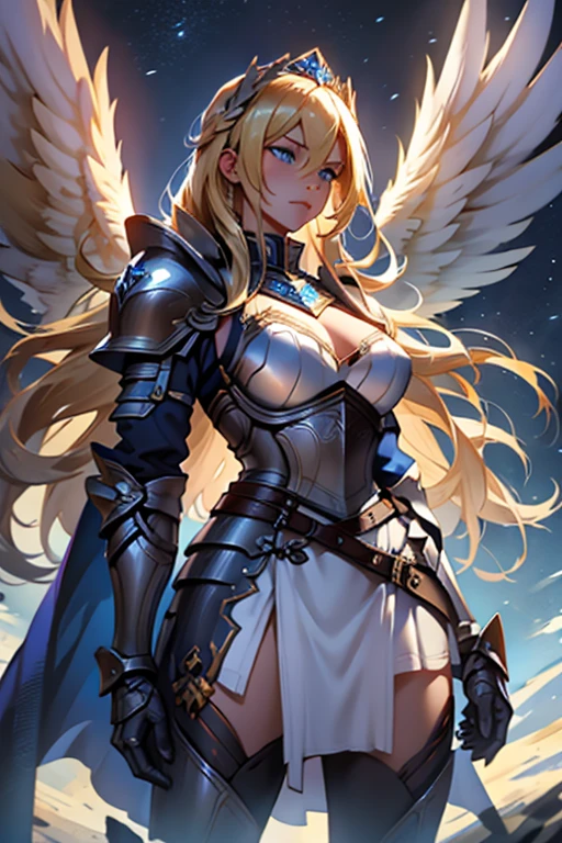 woman, long hair, blonde hair, blue eyes, wears armor, underneath the armor she wears pants that go down to the armor on her legs, she has two valkyrie wings on her back, and on her legs go up armor up to her waist, on her arms she only wears bracelets, a tiara with two angel wings, a white dress with blue outlines, the setting is a starry sky