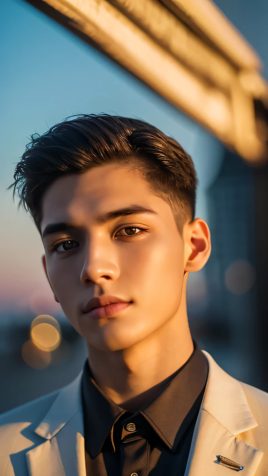 Highest quality, masterpiece, Ultra-high resolution, (Realistic: 1.4), Original photo, wallpaper, Head Photo, skin, Simple Background, Iris, detailed, Selfie, 1 boy, 18-year-old, good looking, Wind,Sunset、suit