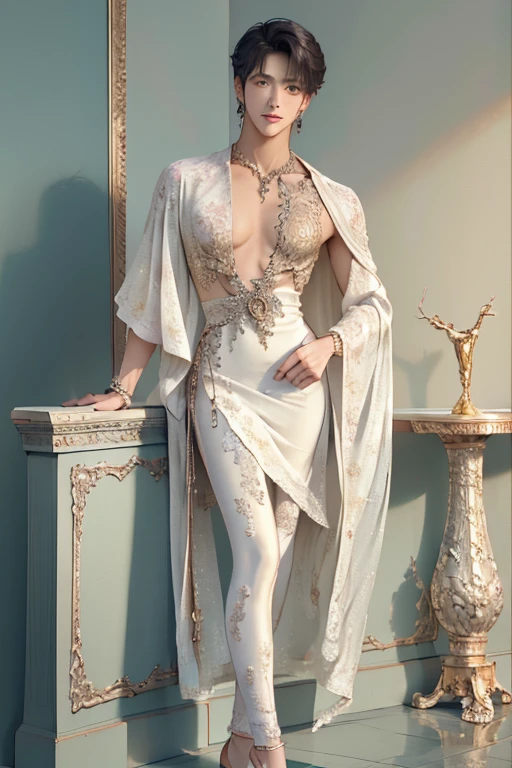 ((best quality,4k,highres,masterpiece:1.2)),((character concept art)), 1 man, age 25, Chinese Hong Kong, Hong Kong Elite, eldest sister, triad male leader, Known for her impeccable fashion sense and elegant demeanor, she is a true embodiment of the Versace brand. His body language is as captivating as his style, always exuding confidence and high fashion. (((he's wearing an exquisite Versace Barocco-print Shirt in Silk and Barocco-print leggings gold-tone/white/black, a true testament to the brand's luxurious aesthetic.))) Paired with Versace Tribute Sandals, she carries her ensemble with an air of effortless sophistication. Her accessories include a pair of Versace Tribute Sunglasses, enhancing her overall look. ((intricate detail)), super finely detailed hands, ultra finely detailed fingers(((ten fingers))), (standing still with confidently), (full body showcase), (show full body), (no logos on background), (no logo), ((plain background)), ((plain background)), (((empty background))).hot man, hot male , hot man , very small spikey boyish haircut, hot man