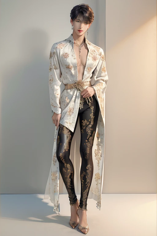 ((best quality,4k,highres,masterpiece:1.2)),((character concept art)), 1 man, age 25, Chinese Hong Kong, Hong Kong Elite, eldest sister, triad male leader, Known for her impeccable fashion sense and elegant demeanor, she is a true embodiment of the Versace brand. His body language is as captivating as his style, always exuding confidence and high fashion. (((he's wearing an exquisite Versace Barocco-print Shirt in Silk and Barocco-print leggings gold-tone/white/black, a true testament to the brand's luxurious aesthetic.))) Paired with Versace  Tribute Sandals, she carries her ensemble with an air of effortless sophistication. Her accessories include a pair of Versace Tribute Sunglasses, enhancing her overall look. ((intricate detail)), super finely detailed hands, ultra finely detailed fingers(((ten fingers))), (standing still with confidently), (full body showcase), (show full body), (no logos on background), (no logo), ((plain background)), ((plain background)), (((empty background))).hot man, hot male , hot man , very small spikey boyish haircut, hot man 