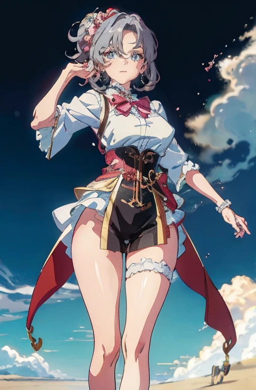 Anime Kawaii ???? Perfect Slim sensual body large ?????? and huge thighs, An intricate and highly detailed illustration of anime (Young girl). best qualityer，Masterpiece artwork，The is very detailed，4K，Gray hair and shallow eyes，Drag cool expressions，wolf's ears，Upright scar on left eye，British style，1 girl，utterly cute, ??????? huge, White attire, Scrunchie de orelha de animal