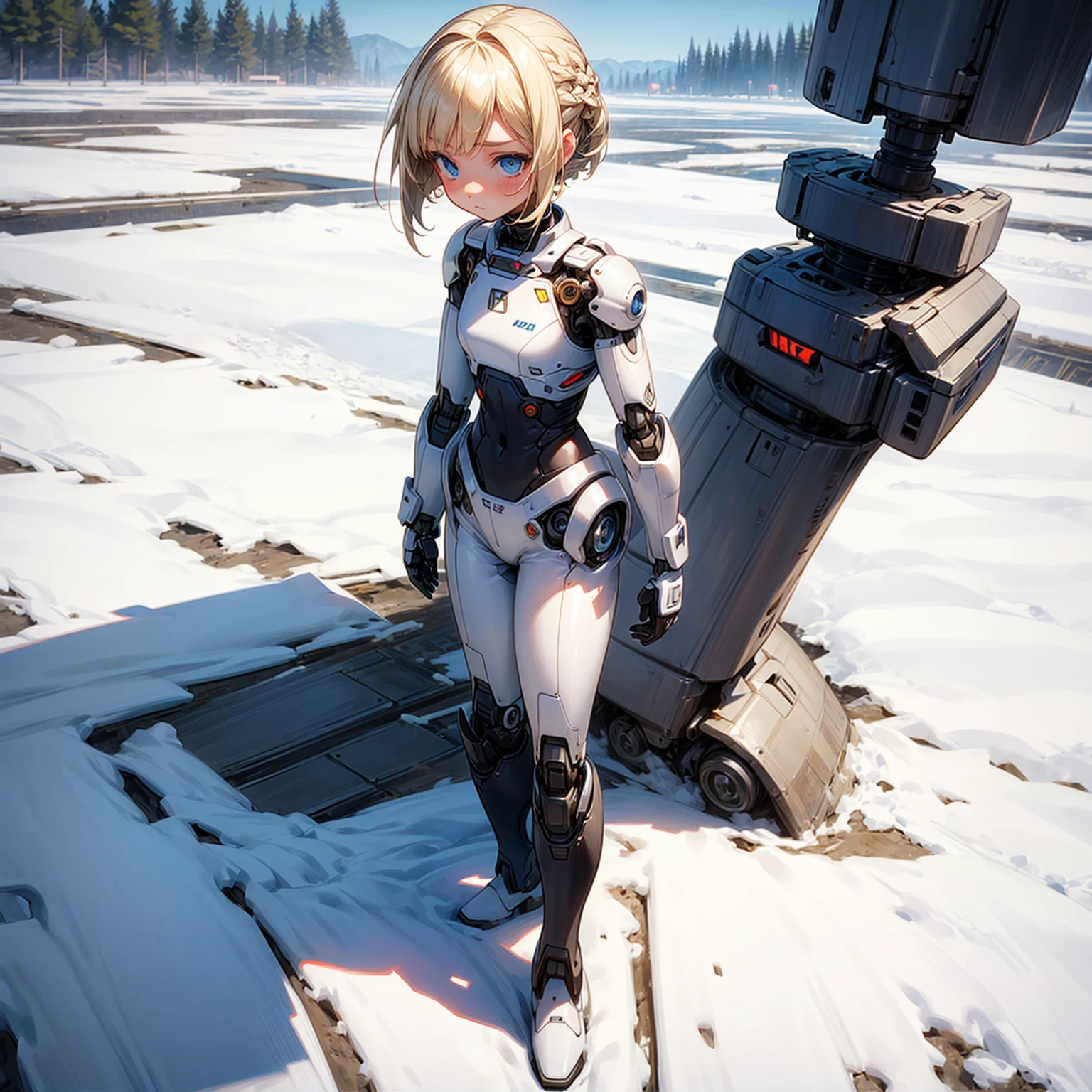 Ultra detailed, full background, Full body version, Grassroots, background in snow field, (solo, kid girl, cyborg, blue eyes, sad eyes, blonde color hair, bob hairstyle, Boots), standing gesture, full robotic outfit 