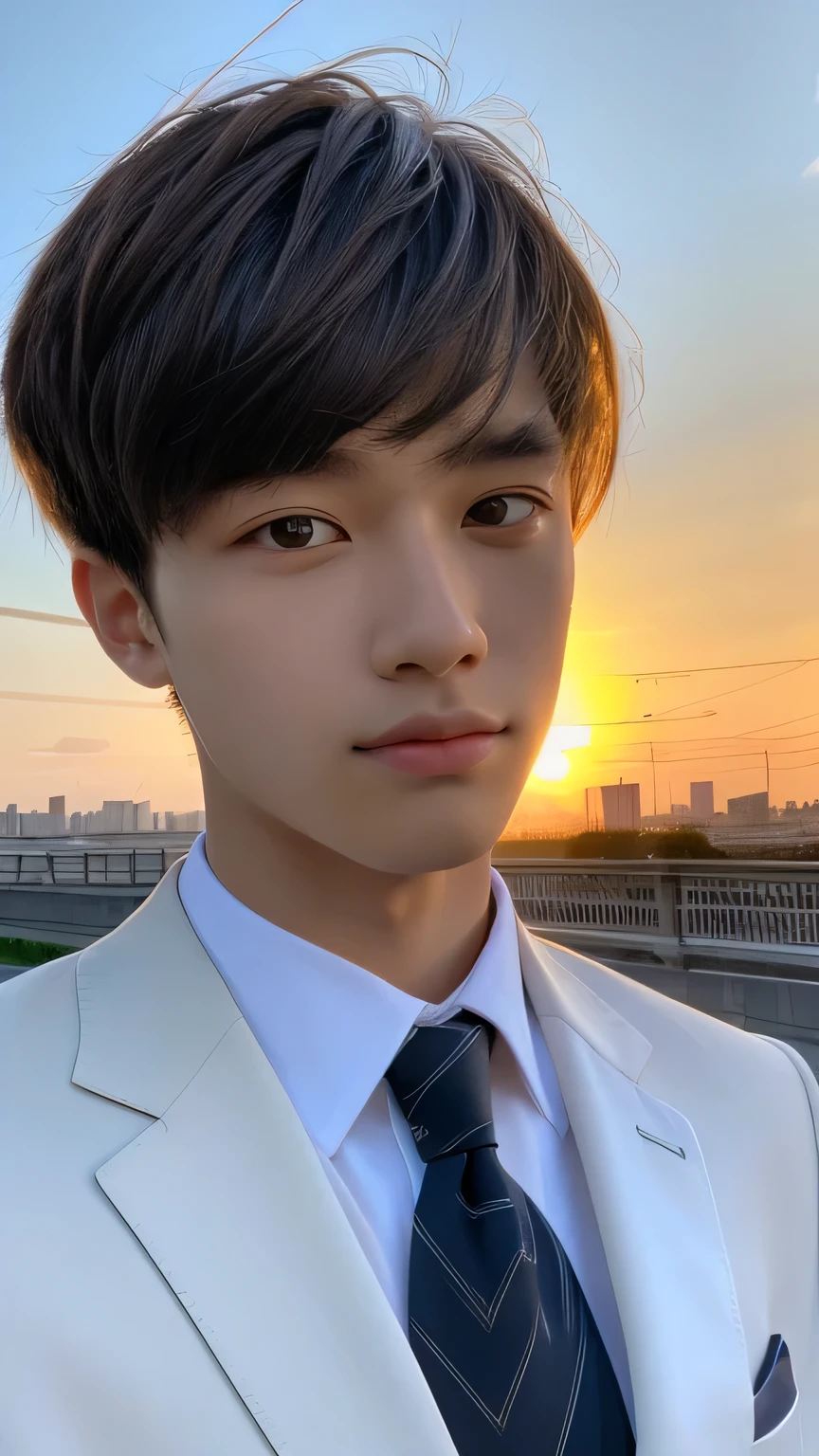 Highest quality, masterpiece, Ultra-high resolution, (Realistic: 1.4), Original photo, wallpaper, Head Photo, skin, Simple Background, Iris, detailed, Selfie, 1 boy, 18-year-old, good looking, Wind,Sunset、suit