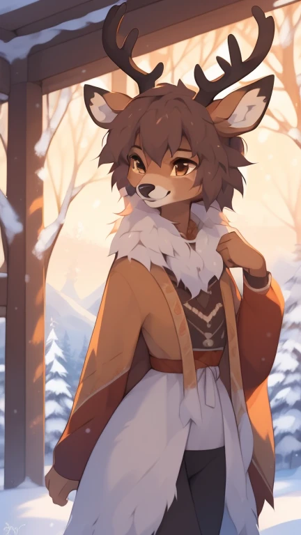 ((by reysi)), Best quality, Super detailed illustration, (fluffy deer boy:1.4) , feminine face and body, disheveled thick hair, warm clothes of the northern peoples, warm colors, decorations on clothes, smug smile, against the backdrop of a winter forest and high snow-capped mountains ,a femboy ,small waist, wide hips, slim, perfect body, 