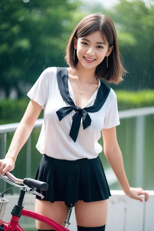 (((A short top that shows off your sexy bust:1.65)))、(((Sexy knee-highs:1.35)))、(((Short size sexy panties:1.35)))、((((Spread your legs wide、Touching the thigh、There is a lot of pubic hair showing off the crotch、large pointy breasts))))、Browsing Caution、(Humans are biologically correct、references) 、 lose extra limbsslim limbsextra numbersmutated hands and finger fusionfingersslim bad handslong necklong body anatomybad deformationbad deformation no extra breasts、Not Futanari、Not Moriman、Girl in the rain、Blushing、((Red Bicycle))、((riding a bicycle))、Staring at the audience、heavy rain、Big ample breasts、A sheer sailor suit that sticks to the chest when wet、Skirt、Girl in Japan uniform and girl in the rain 、Riding a bike in the rain、Floral、hairpin、necklace、Earrings、Wet and leaning forward、Looking up from below、Depth of written boundary、尖ったRed Mouth、Wet, shiny, short reddish-brown hair,,,,,,,,,,,Red Mouth,Iris、clavicle、Beautiful fingers、Hourglass-shaped body、Full body portrait、Please loosen your tie、Wet cute smile、