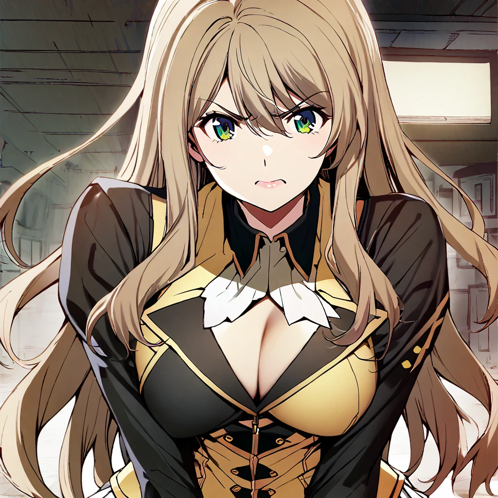 High detailed, 1 girl, solo, nonomi, cyan eyes,brown hair,long hair, busty, chunky, yellow genetics's uniform, Juliet sleeves,  deep cleavage, white skirt,pleated skirt, genetics's uniform, juliet sleeves, genetics's uniform, angry expression