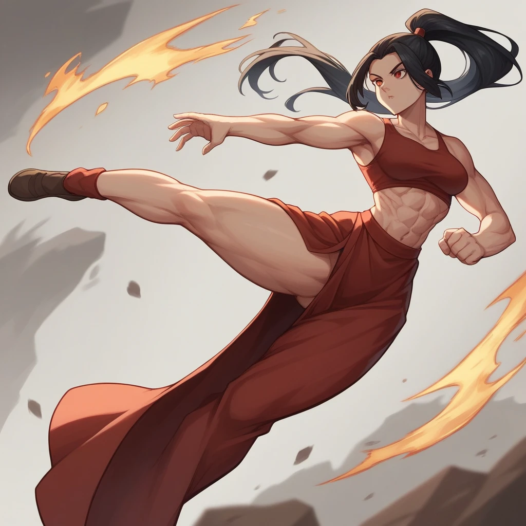 1 girl, long black hair with a ponytail (avatar style), red eyes, beautiful, light skin color , wide shoulders, thin waist, medium breasts, defined thighs, thin, defined lean , showing abs ,wide hips, medium ass, avatar style, dark red tank top from the fire nation (avatar), long skirt(avatar style), showing the thigh , striking with the legs, kicking an opponent, kicking in the air