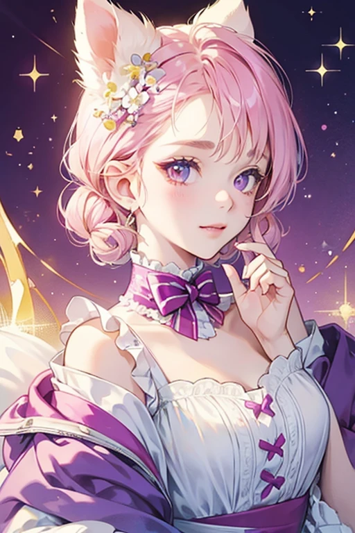 A pale yellow GIRL dog with a winking expression. She has bright violet syrup and cream on her head and wears a soft pink twisted bow. SPARKLE; GLITTER