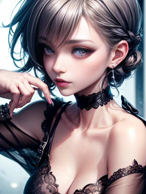 Depth of bounds written, detailed eye, ((CG illustration)), ((face focus)), ((masterpiece)), ((8K)), ((super detailed)), ((Super high quality)), ((cinematic)), ((Photoreal)), ((close up shot)), (solo), (cool girl), very long hair, straight hair, (((thin body))), Glossy skin, ((look away)), (Beautiful goth girl with high cheeks and legs), Gothic makeup, clear eyes, lipstick, dark eye shadow, ((No bra)), choker, earrings, provoke, night, ((full moon)), ((Functional)), Lonely, Visual kei, ((pastel colour)), Unwound clothes, forget, kiss, White Knight, dark, silence