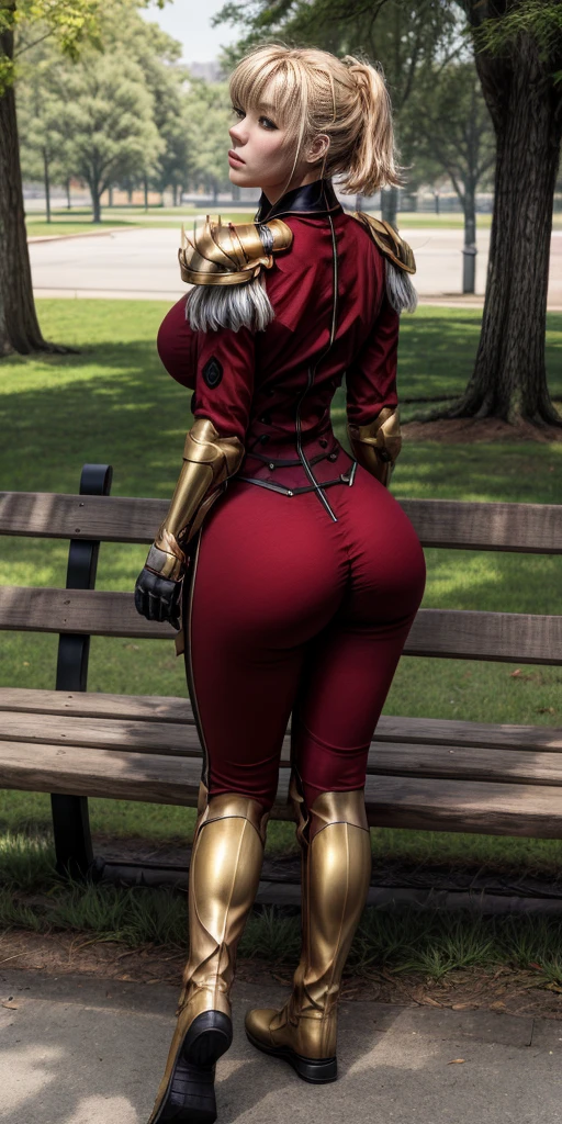 1sologirl (cha hae-in) sitting on wooden bench at park showing back to me, expressionless, looking at viewer, golden armor, leather black collar, shoulder armor, long sleeves, red gloves gauntlets, pelvic curtain, plain breasts, thick thighs, curvy hips, military boots with feet together