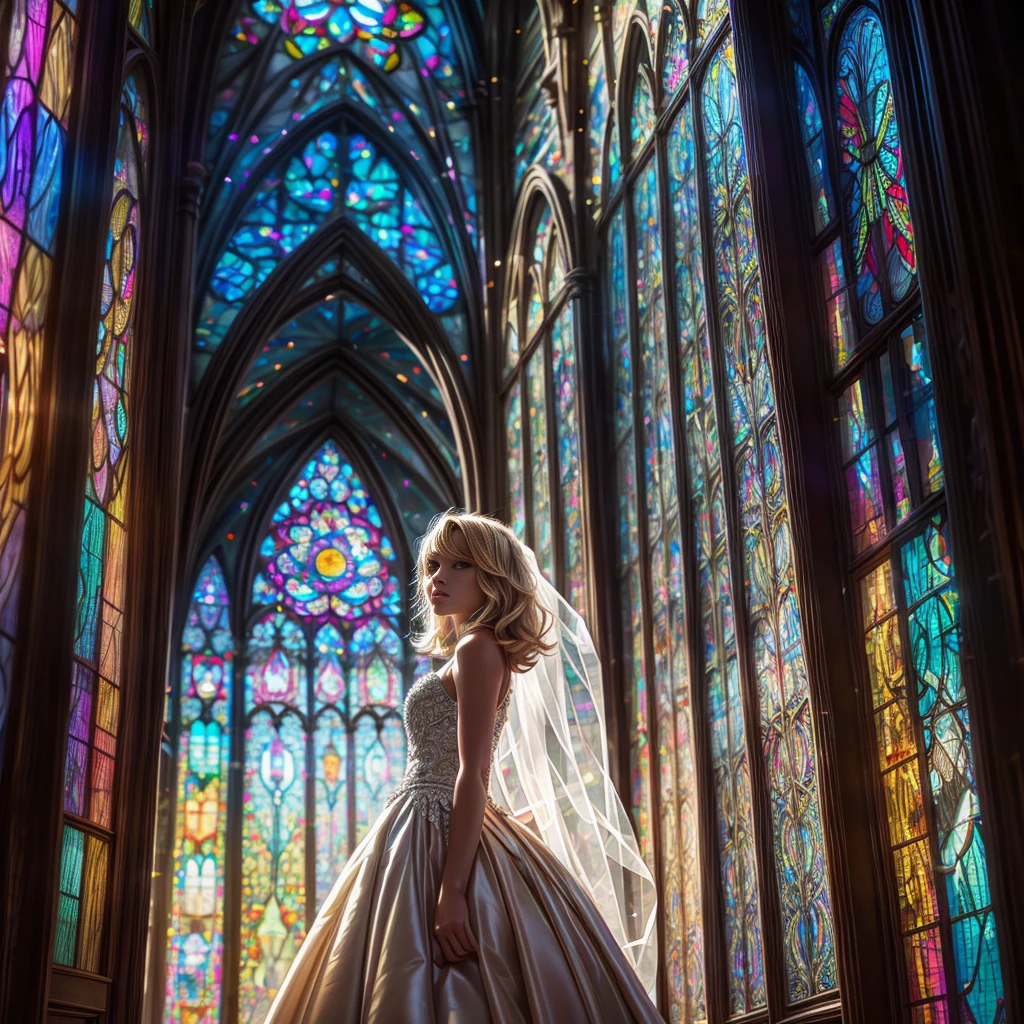  (Cathedral from below:1.28) (ZoomLayer) TopQuality 8K masterpiece of ((Professional photo)), (((Clarisse de Cagliostro))) (Detailed White WeddingDresses), Chain, (((Extremely detailed KAWAII face))) {((VeiledFace))|BlondeHair|(Elaborate BuleEyes)with(SparklingHighlights:1.28)}, The background is distant (((Elaborate stained glass))) Rainbow Glass, {(MysticSight)|EnchantingAtmosphere|Haze|(GodRays)|TyndallEffect}, Radiant PearlSkin with Transparency, (Exposed:0.39)
