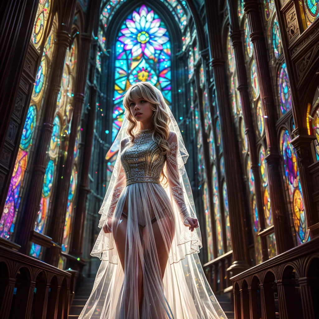  (Cathedral from below:1.28) (ZoomLayer) TopQuality 8K masterpiece of ((Professional photo)), (((Clarisse de Cagliostro))) (Detailed White WeddingDresses), Chain, (((Extremely detailed KAWAII face))) {((VeiledFace))|BlondeHair|(Elaborate BuleEyes)with(SparklingHighlights:1.28)}, The background is distant (((Elaborate stained glass))) Rainbow Glass, {(MysticSight)|EnchantingAtmosphere|Haze|(GodRays)|TyndallEffect}, Radiant PearlSkin with Transparency, (Exposed:0.39)