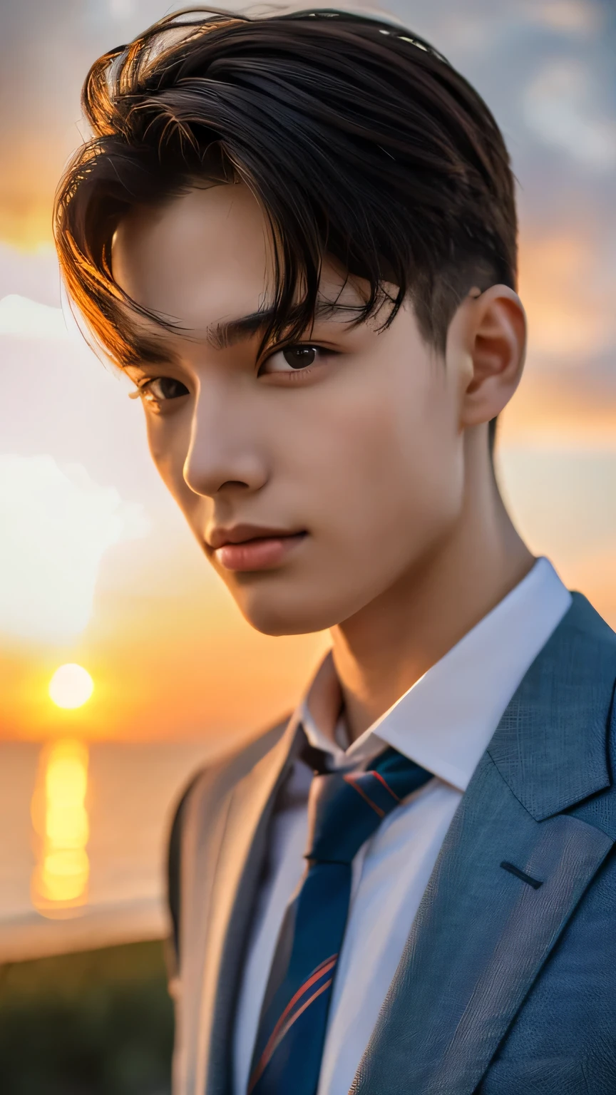 Highest quality, masterpiece, Ultra-high resolution, (Realistic: 1.4), Original photo, wallpaper, Head Photo, skin, Simple Background, Iris, detailed, Selfie, 1 boy, 18-year-old, good looking, Wind,Sunset、suit