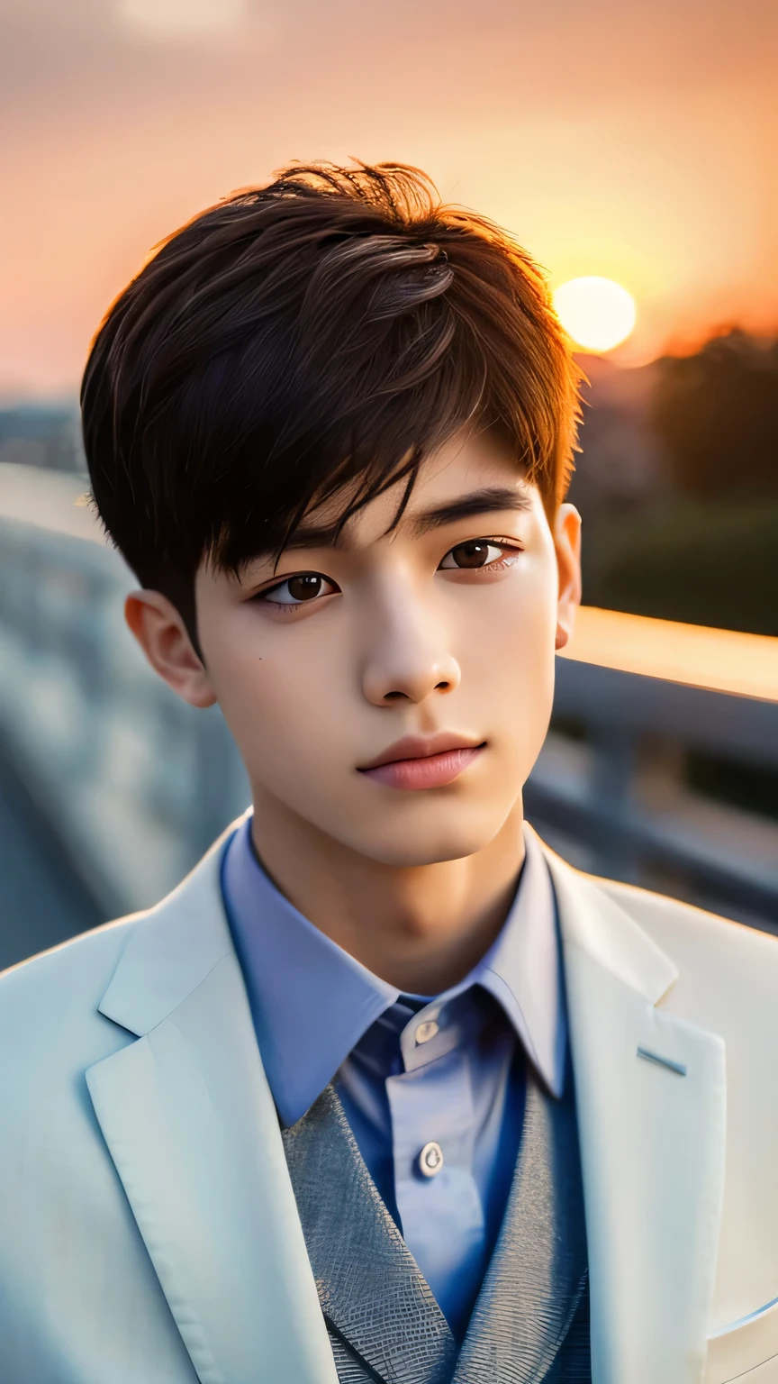 Highest quality, masterpiece, Ultra-high resolution, (Realistic: 1.4), Original photo, wallpaper, Head Photo, skin, Simple Background, Iris, detailed, Selfie, 1 boy, 18-year-old, good looking, Wind,Sunset、suit