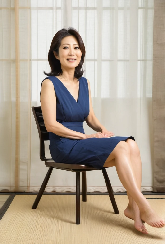 A Japanese housewife in her 40s sitting on a chair，Shortcuts，Flat Chest、Full body view、