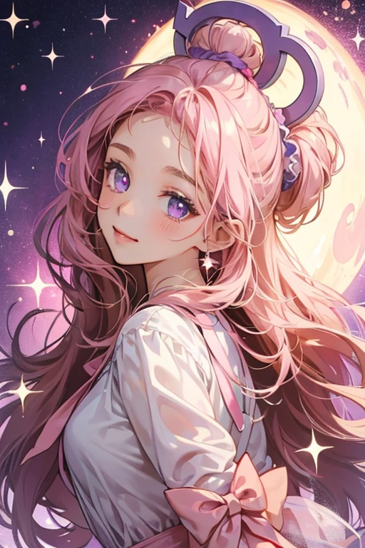 A brown bear GIRL with a swirl of pink cream on the top of her head. To the side is a bright violet bow. SPARKLE; GLITTER