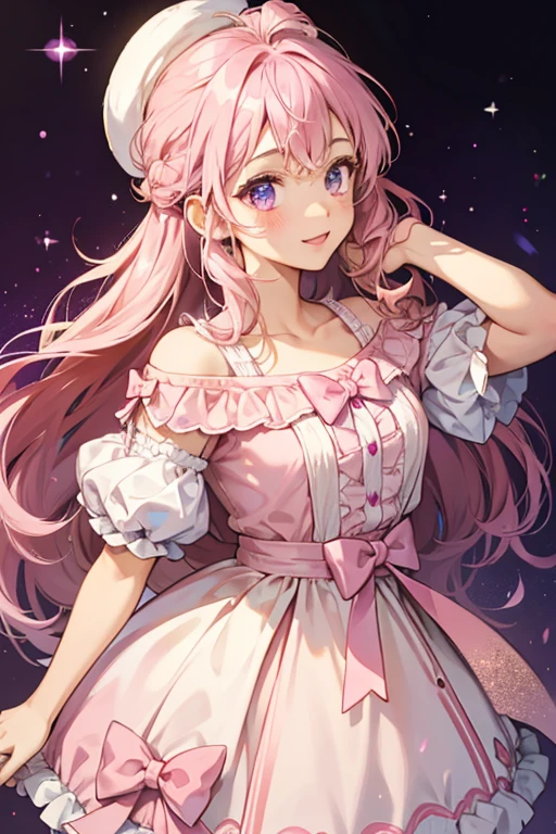 A brown bear GIRL with a swirl of pink cream on the top of her head. To the side is a bright violet bow. SPARKLE; GLITTER