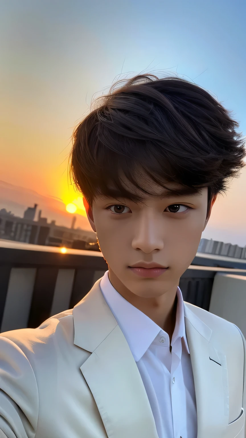 Highest quality, masterpiece, Ultra-high resolution, (Realistic: 1.4), Original photo, wallpaper, Head Photo, skin, Simple Background, Iris, detailed, Selfie, 1 boy, 18-year-old, good looking, Wind,Sunset、suit