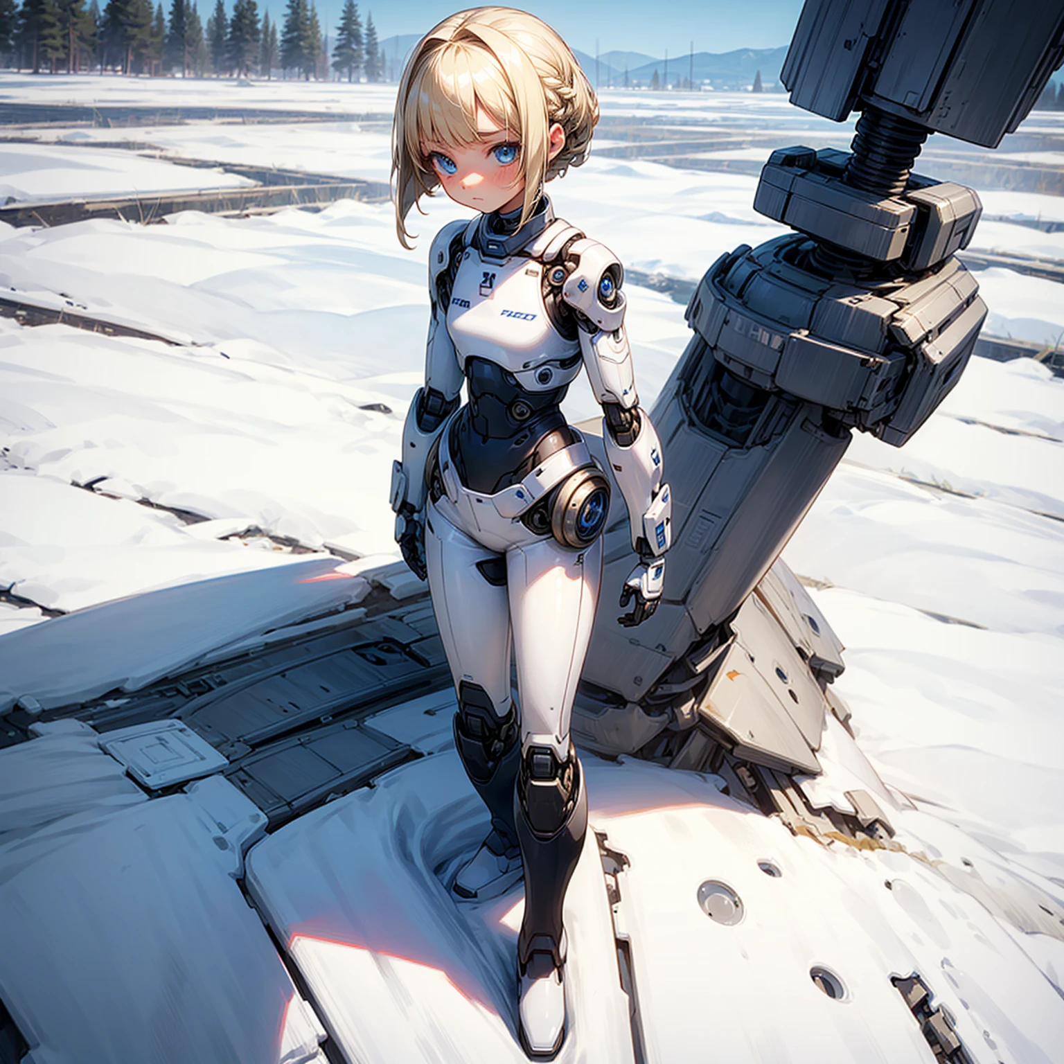 Ultra detailed, full background, Full body version, Grassroots, background in snow field, (solo, kid girl, cyborg, blue eyes, sad eyes, blonde color hair, bob hairstyle, Boots), standing gesture, full robotic outfit
