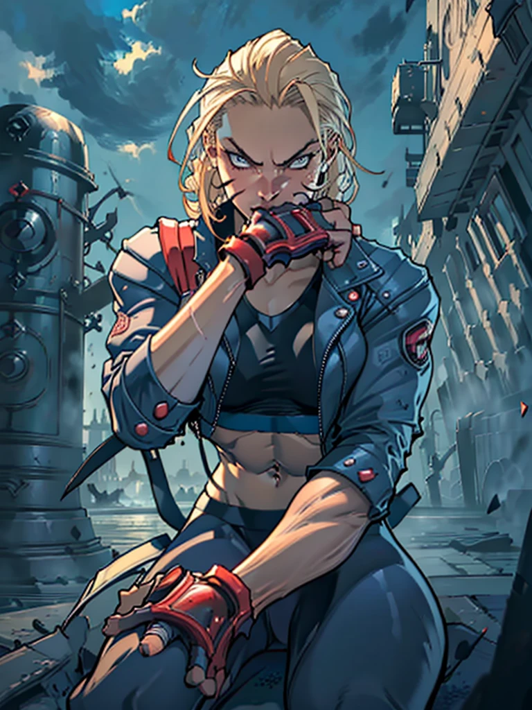 "(exquisitely detailed CG unity 8k wallpaper, masterpiece-quality with stunning realism), (best illumination, best shadow), (best quality), (elegant and demonic style:1.2), (closeup:1) Arti modern anime. angled view, heroic pose, closeup full body portrait medium shot of cammy, navy blue sports bra, light blue open jacket, navy blue yoga pants, red gloves, Abdominal muscle, muscles, (eyes looking at viewer:1.0), abs, depth of field blur effect, night, full zoom, action portrait, photorealistic. cinematic lighting, highly detailed. best quality, 4k, Better hand, perfect anatomy, leaning forward, foreshortening effects, (leaning forward:1) (cute coy flirty sexy expression), foreshortening effect, (piercing eyes:0.8), surrounded by an ominous and dark atmosphere, accentuated by dramatic and striking lighting, imbued with a sense of surreal fantasy", (mature:0.5) (in london city in the afternoon:1.5) (alone:1.5) (pretty cute face:1.3) (secret agent pose:1) (elegantly sitting:1.5)