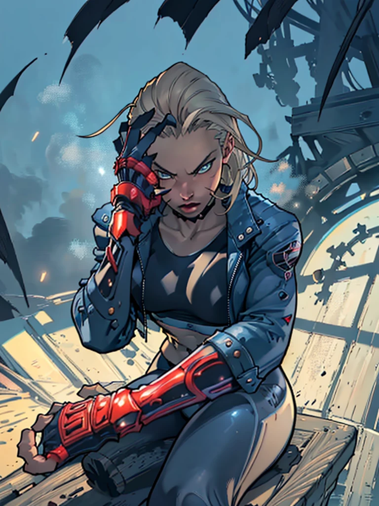 "(exquisitely detailed CG unity 8k wallpaper, masterpiece-quality with stunning realism), (best illumination, best shadow), (best quality), (elegant and demonic style:1.2), (closeup:1) Arti modern anime. angled view, heroic pose, closeup full body portrait medium shot of cammy, navy blue sports bra, light blue open jacket, navy blue yoga pants, red gloves, Abdominal muscle, muscles, (eyes looking at viewer:1.0), abs, depth of field blur effect, night, full zoom, action portrait, photorealistic. cinematic lighting, highly detailed. best quality, 4k, Better hand, perfect anatomy, leaning forward, foreshortening effects, (leaning forward:1) (cute coy flirty sexy expression), foreshortening effect, (piercing eyes:0.8), surrounded by an ominous and dark atmosphere, accentuated by dramatic and striking lighting, imbued with a sense of surreal fantasy", (mature:0.5) (in london city in the afternoon:1.5) (alone:1.5) (pretty cute face:1.3) (secret agent pose:1) (elegantly sitting:1.5)