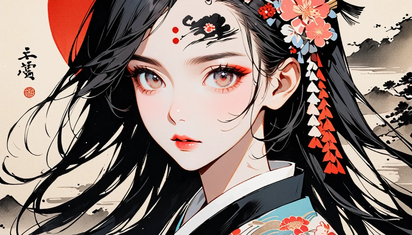 (((Ink Painting))), Fashion portrait color photos, (((1 girl))), (((Tattoo on forehead))), (((Gorgeous hair accessories))), Japanese style headphones, face close-up, Japan人の美少女, Black Hair, Delicate and precise, Modern ukiyo-e style,Japan, Japanese flag