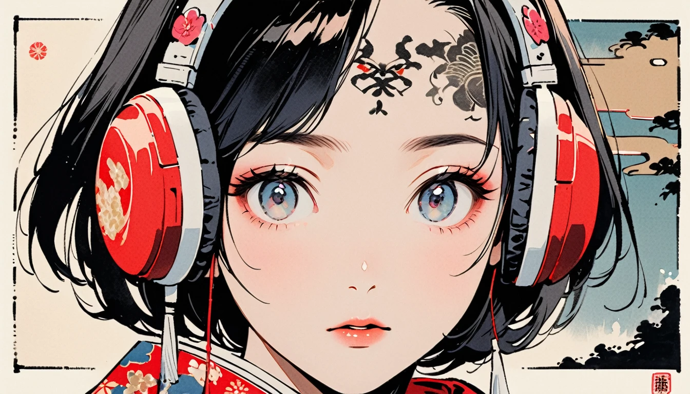 (((Ink Painting))), Fashion portrait color photos, (((1 girl))), (((Tattoo on forehead))), (((Gorgeous hair accessories))), Japanese style headphones, face close-up, Japan人の美少女, Black Hair, Delicate and precise, Modern ukiyo-e style,Japan, Japanese flag