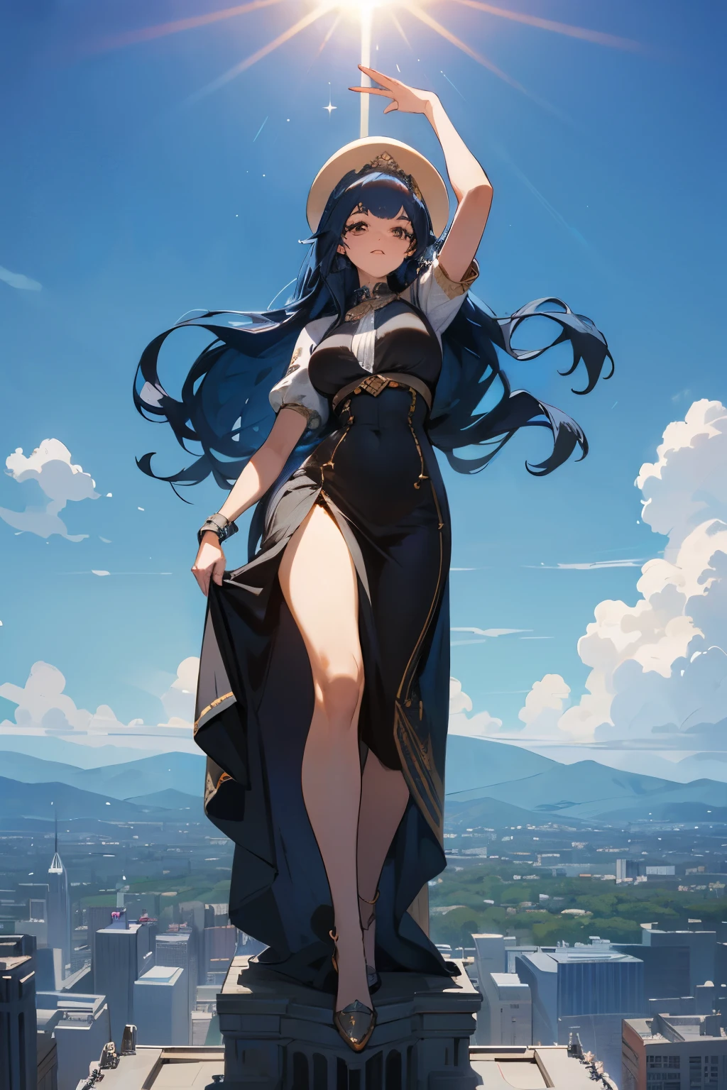 A colossal woman, towering at a staggering height of 2000 meters, is gracefully positioned. Her profound blue hair cascades downward, gleaming under the sun, and her warm brown eyes sparkle with an enigmatic allure. Dressed in a chic, yet modest, short dress, this titanic figure stands against the backdrop of a miniaturized cityscape, her stature making her seem both awe-inspiring and vulnerable. Despite her monumental size, she maintains a poised stance, one hand delicately placed on her hip, as if waiting for something or someone. The dress, in striking contrast to her colossal figure, cl