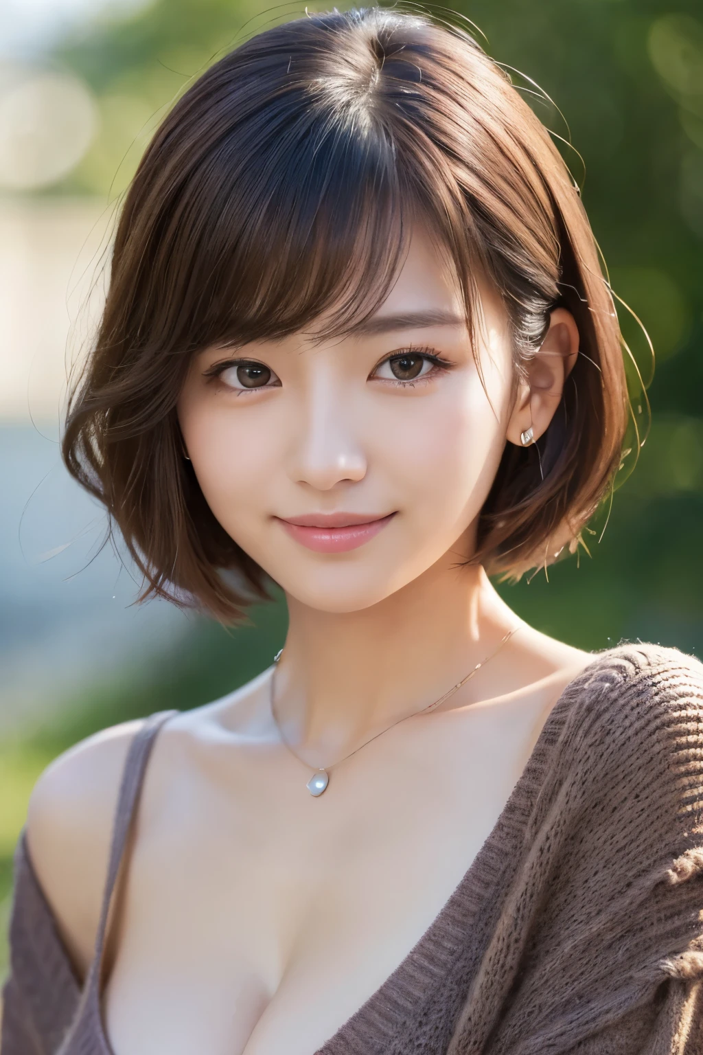 (masterpiece:1.3), (8k, Photorealistic, RAW Photos, Best image quality: 1.4), Japanese 、(Random Hairstyles:1.2)、Cleavage:1.2、Super detailed face、Attention to detail、double eyelid、Put your chest together、Sharp focus:1.2、Beautiful woman:1.4、Light brown hair、Highest quality、masterpiece、Ultra-high resolution、(Photorealistic:1.4)、Highly detailed and professionally lit smile、Loose, lightweight knitwear、Shoulder out、thin、Serious expression、Short-haired、Deadly position