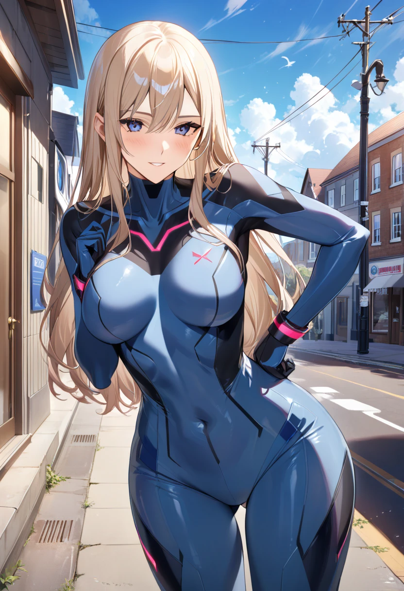 (high quality,Very detailed:1.37, High resolution), Woman, Samus Aran, jeans, ponytail, large breasts, (wetting herself:1.5), standing, embarrassed, humiliation, (sweating:1.5), (blushing:1.5), Meticulous details, (extremely detailed eyes:1.37)