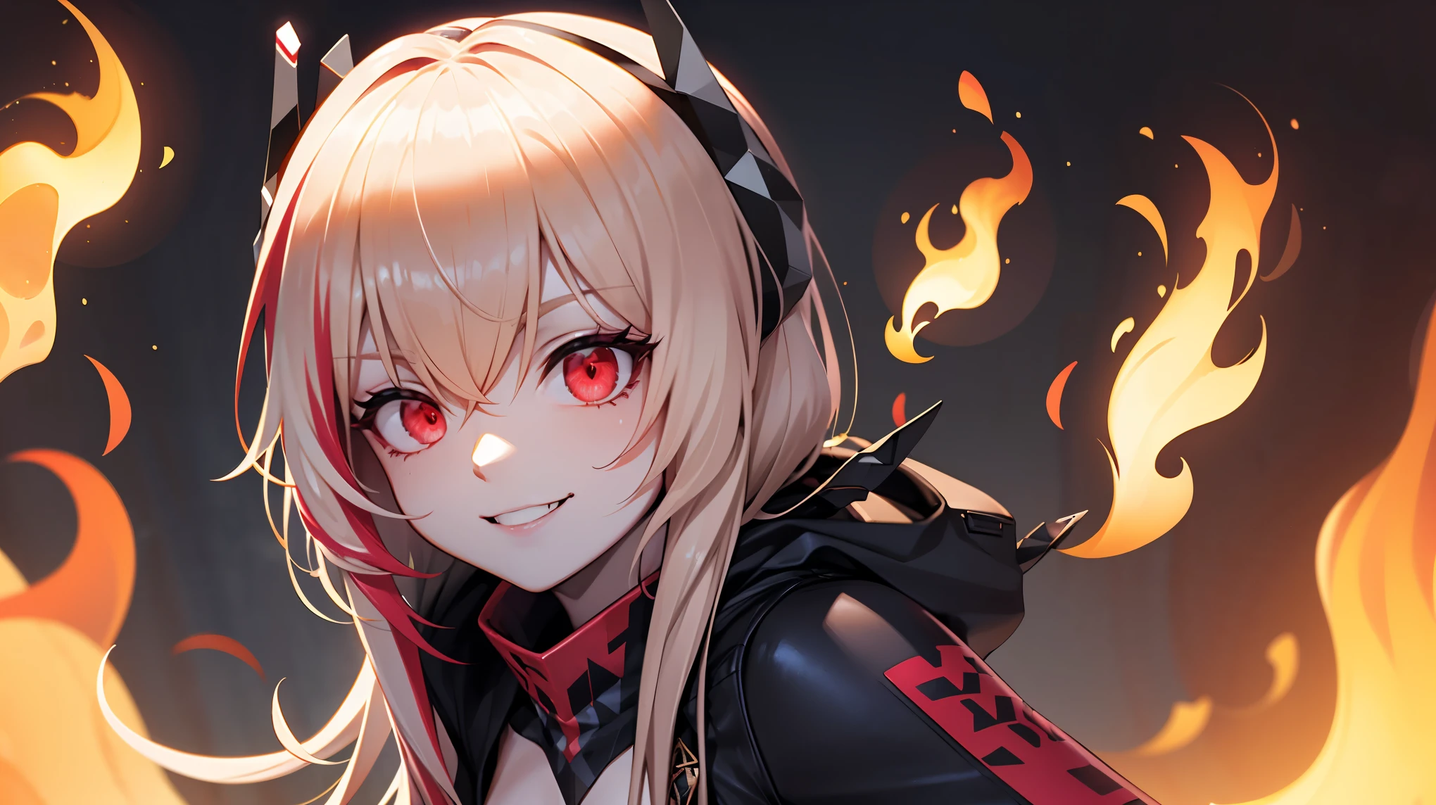 (extremely detailed CG unity 8k wallpaper),(masterpiece), (best quality), (ultra-detailed), (best illustration),(best shadow), (sharp eyeliner, eyeshadow, detailed eyes:1.1), (flames, smoke:1.3), ,BREAK, (vector:1.2), evil smile,  