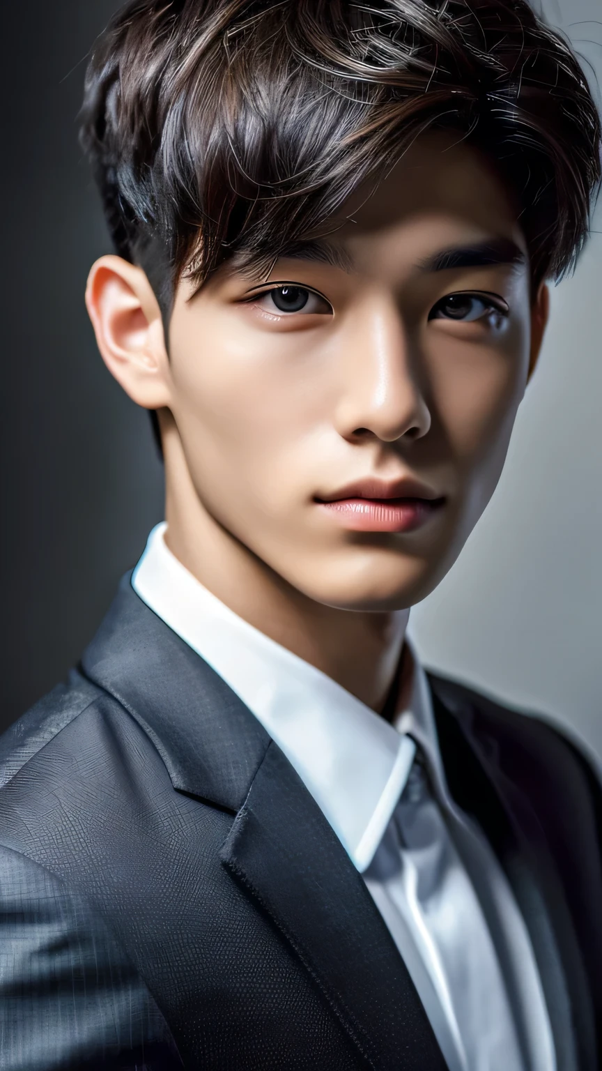 Highest quality, masterpiece, Ultra-high resolution, (Realistic: 1.4), Original photo, wallpaper, Head Photo, skin, Simple Background, Iris, detailed, Selfie, 1 boy, 18-year-old, good looking, Wind,night、suit