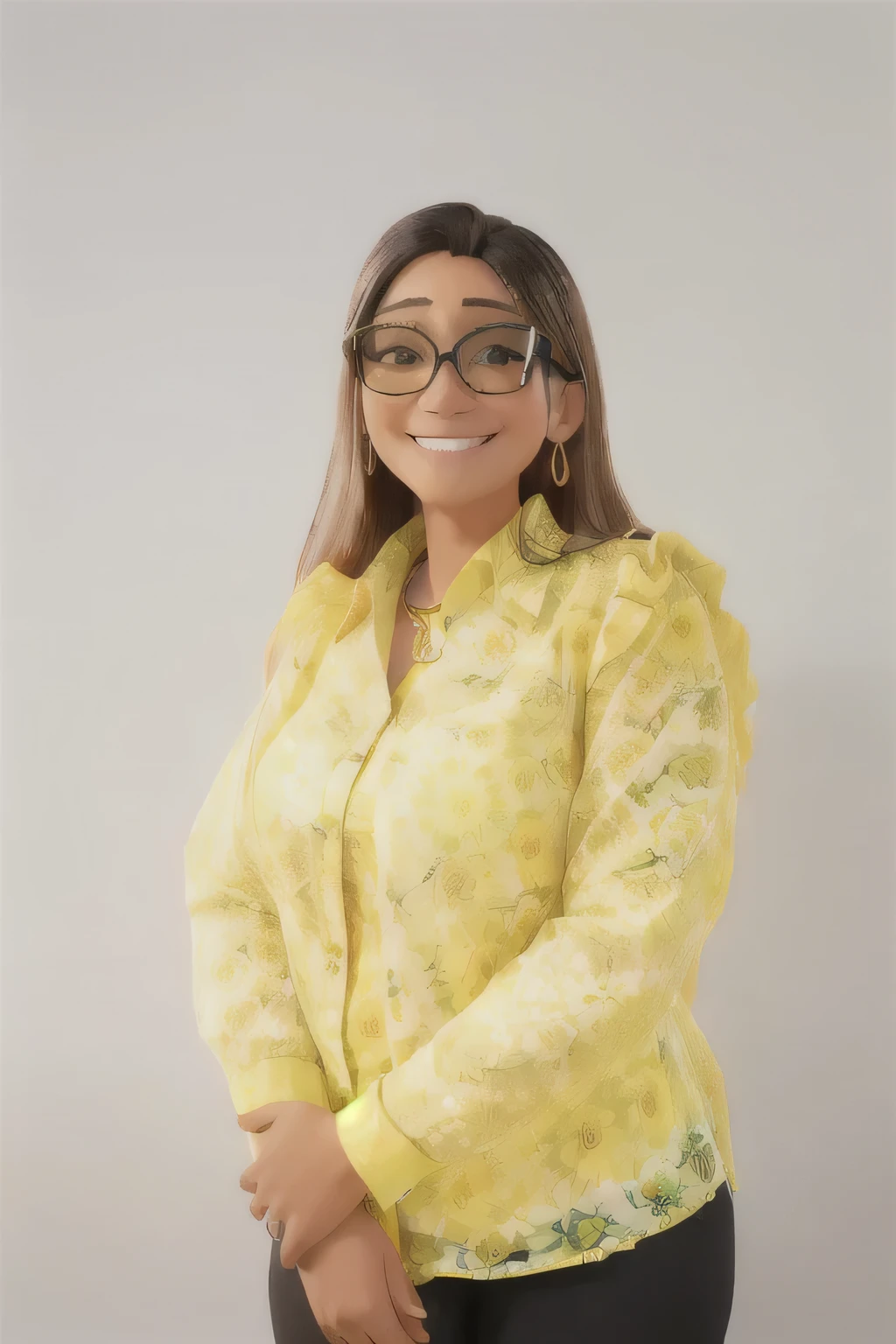 smiling woman in yellow shirt and glasses, black pants leaning against a white wall, malika favre, fernanda suarez, olivia de bernardinis, wearing yellow floral blouse, alanis guillen, magda torres gurza, lorena avarez, Andreia Rocha, Angie Glock, Carolina Gariba, Julia Fontes, profile image