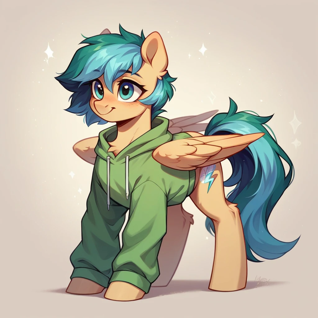My little pony OC, wild pony, cuddly, masculine gender but with a somewhat feminine appearance, wearing a feminine outfit, full body, femboy
