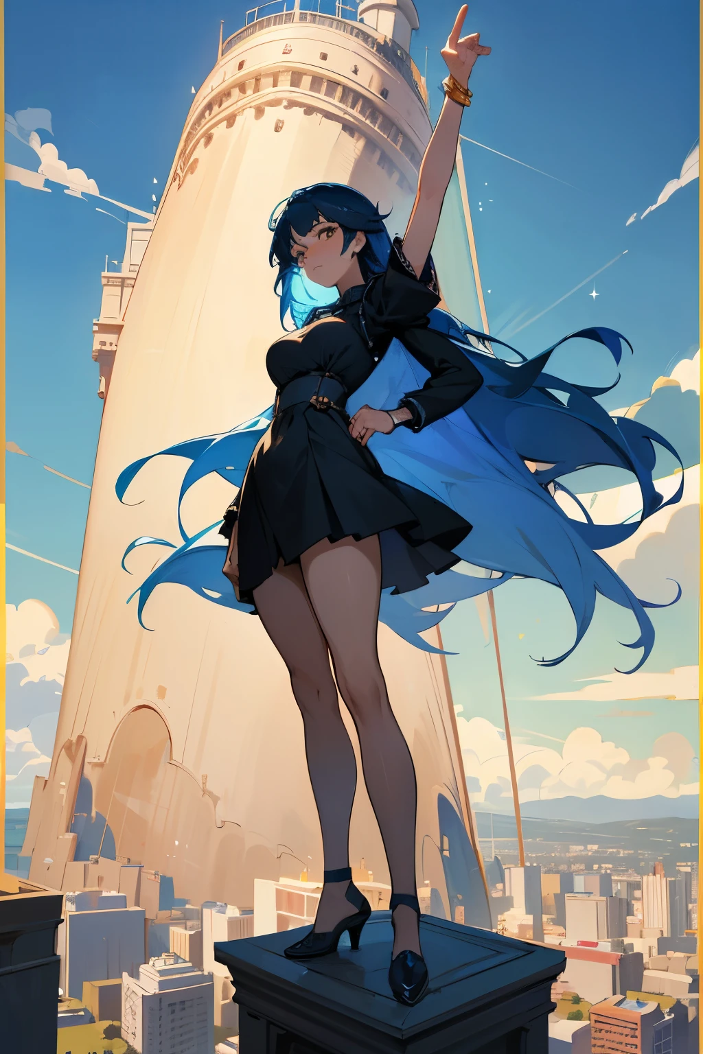 A colossal woman, towering at a staggering height of 2000 meters, is gracefully positioned. Her profound blue hair cascades downward, gleaming under the sun, and her warm brown eyes sparkle with an enigmatic allure. Dressed in a chic, yet modest, short dress, this titanic figure stands against the backdrop of a miniaturized cityscape, her stature making her seem both awe-inspiring and vulnerable. Despite her monumental size, she maintains a poised stance, one hand delicately placed on her hip, as if waiting for something or someone. The dress, in striking contrast to her colossal figure, cl