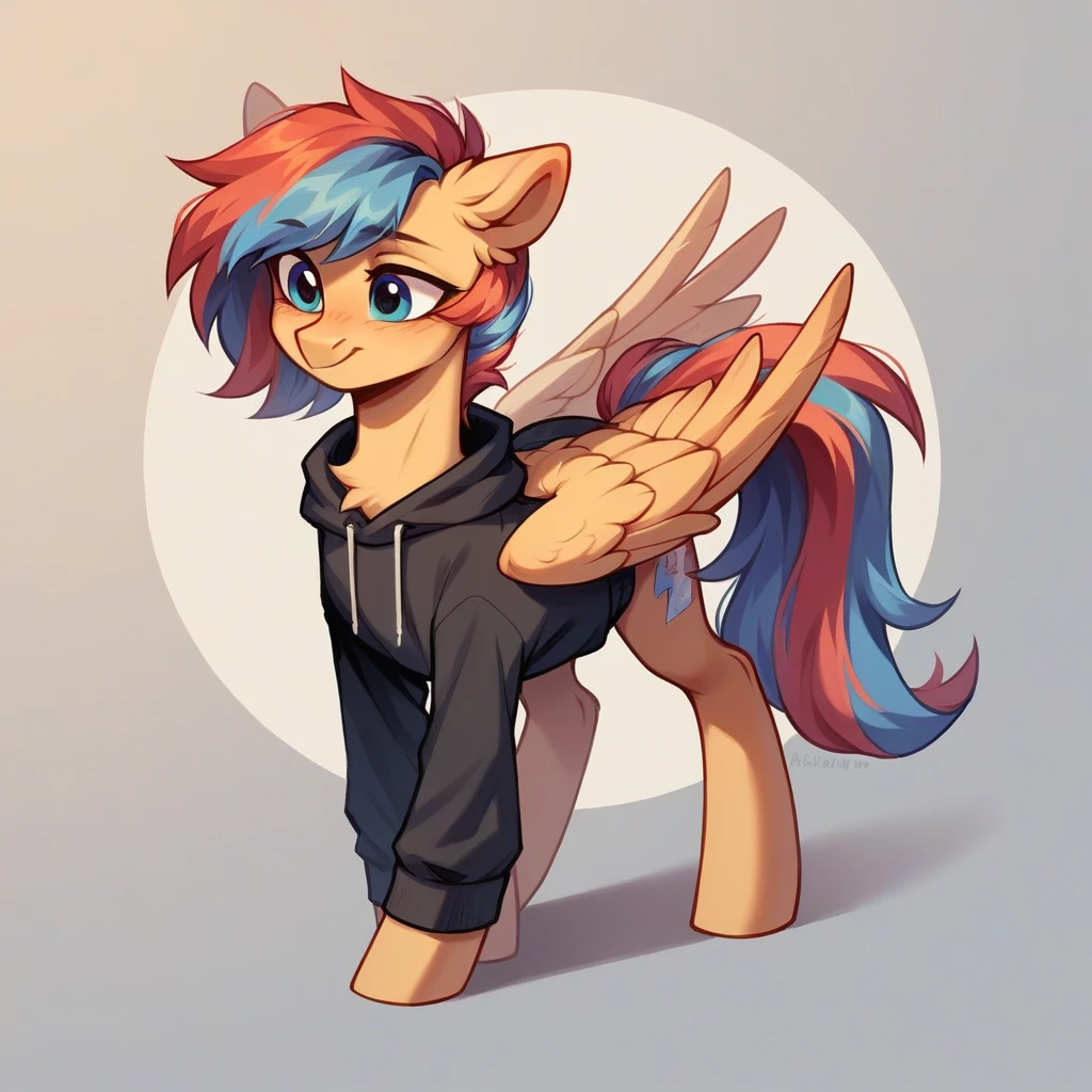 My little pony OC, wild pony, cuddly, masculine gender, in a sweatshirt, pegasus, full body